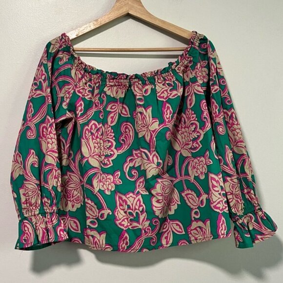 Flying Tomato Floral Boho Peasant Blouse Green Pink Cotton Size L - Picture 6 of 10